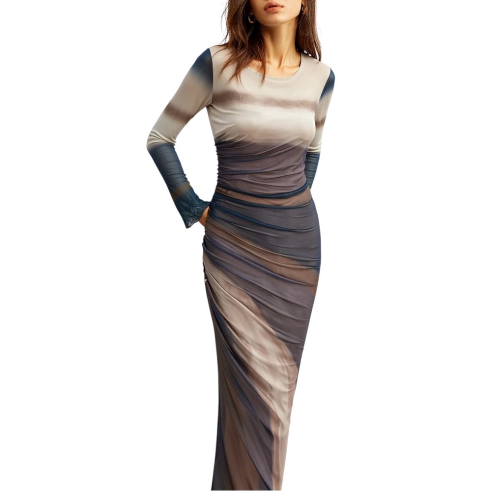 Commense Ombre Long Sleeve Maxi Dress in Neutral Tones
